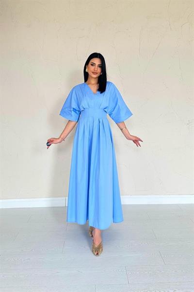 Mavi Pileli Uzun Elbise
