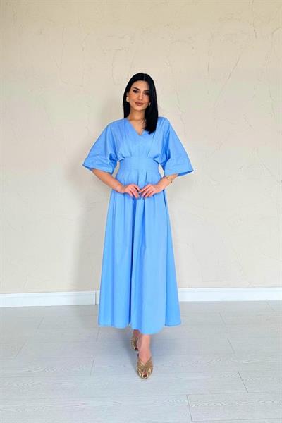 Mavi Pileli Uzun Elbise