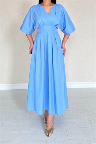 Mavi Pileli Uzun Elbise