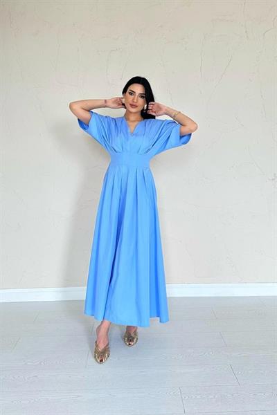 Mavi Pileli Uzun Elbise