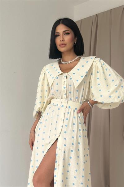 Mavi Puantiyeli Bebe Yaka Elbise