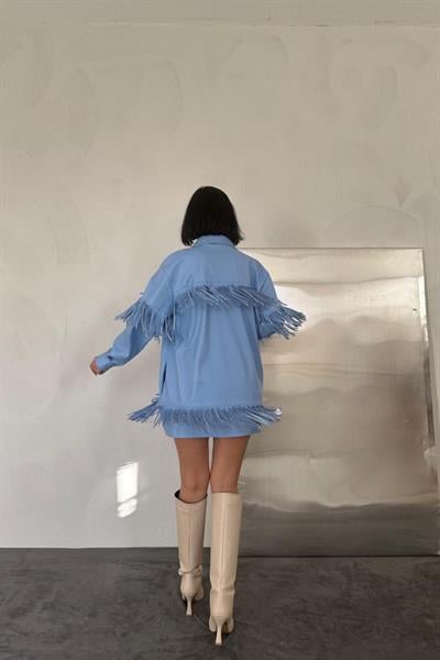 Mavi Püsküllü Deri Gömlek