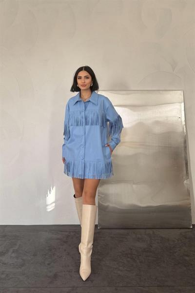 Mavi Püsküllü Deri Gömlek