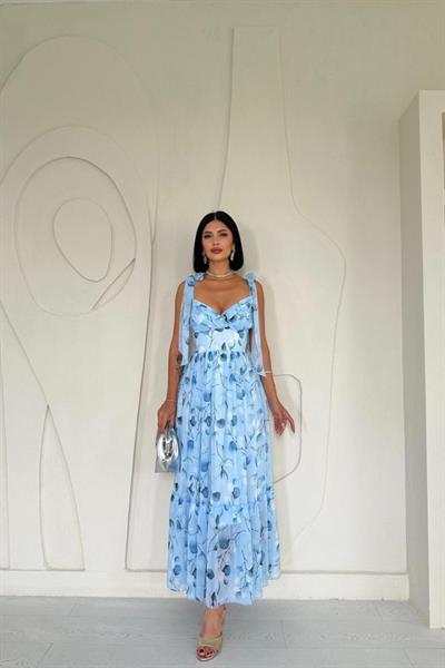 Mavi Şifon Drapeli Elbise