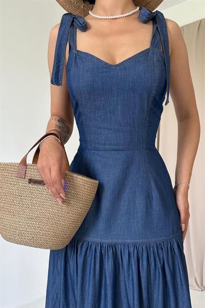 Mavi Tencel Bağlamalı Askılı Elbise