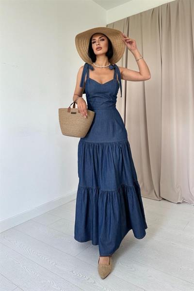 Mavi Tencel Bağlamalı Askılı Elbise
