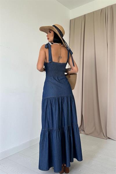 Mavi Tencel Bağlamalı Askılı Elbise