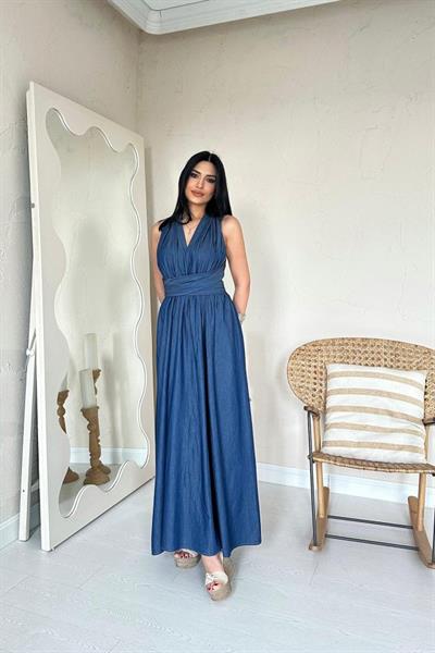 Mavi Tencel Bağlamalı Elbise