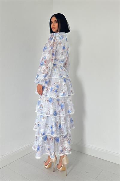 Mavi Valonlu Şeritli Kat Kat Elbise