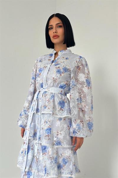 Mavi Valonlu Şeritli Kat Kat Elbise