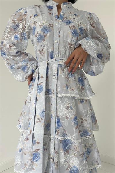 Mavi Valonlu Şeritli Kat Kat Elbise