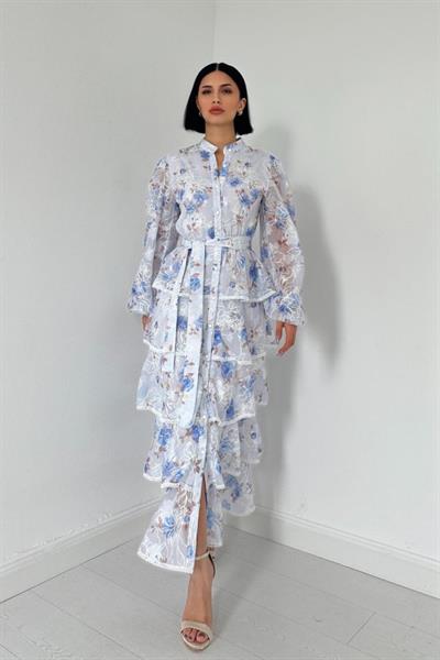 Mavi Valonlu Şeritli Kat Kat Elbise