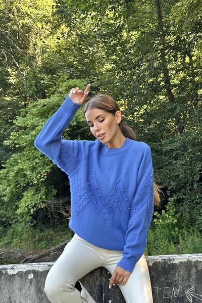 Mavi Zikzak Boncuklu Triko Kazak