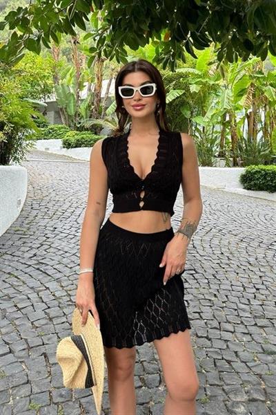 Melua Kroşe Crop Yelek Takım 9858