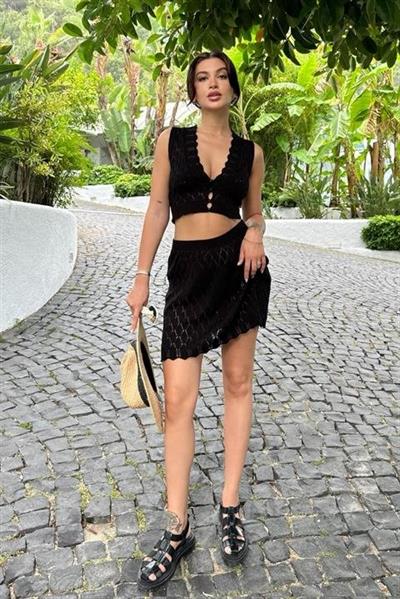 Melua Kroşe Crop Yelek Takım 9858