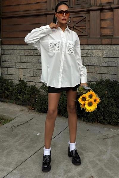 Metal Kuşgözü Detaylı Poplin Gömlek 3453