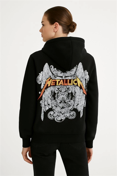Metallica İki İplik Kapüşonlu Ön Ve Arka Baskılı Hoodie - Siyah