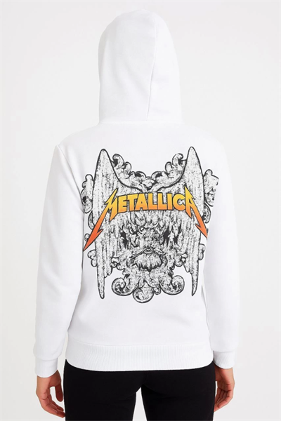 Metallica İki İplik Kapüşonlu Ön Ve Arka Baskılı Hoodie - Beyaz