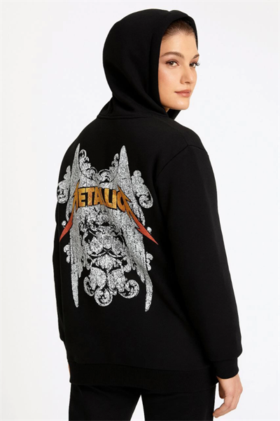 Metallica İki İplik Kapüşonlu Ön Ve Arka Baskılı Hoodie - Siyah