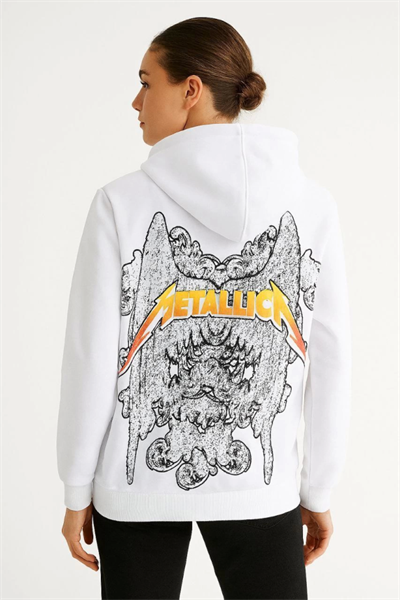 Metallica İki İplik Kapüşonlu Ön Ve Arka Baskılı Hoodie - Beyaz