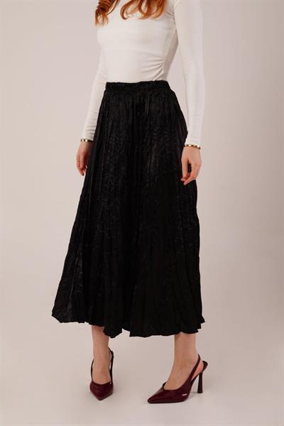 Midi Boy Pileli Saten Siyah Etek