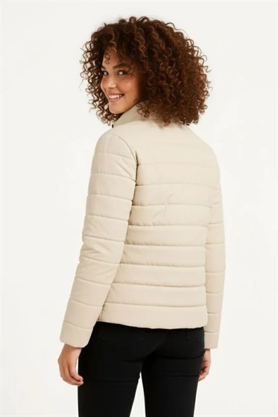 Mikro Su İtici Kapitone Baskılı Astarlı Fermuarlı Bomber Mont - Bej