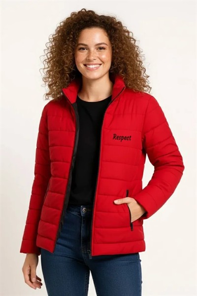 Mikro Su İtici Kapitone Baskılı Astarlı Fermuarlı Bomber Mont - Kırmızı