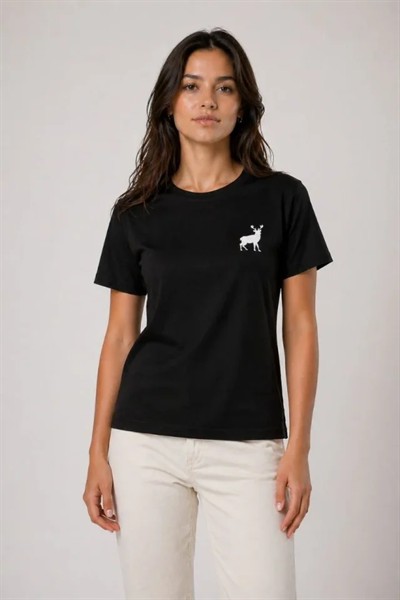 Minimal Geyik Logolu Tişört Bisiklet Yaka Kısa Kol Yazlık T-Shirt - Siyah