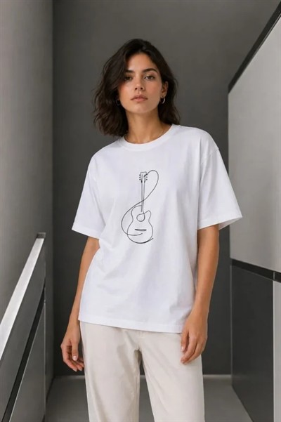 Minimal Gitar Baskılı Tişört T-Shirt Yazlık Kısa Kol Bisiklet Yaka T-Shirt  - Beyaz