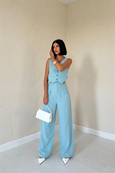 Mint Önü Düğmeli Yelek Ve Pantolon Takım