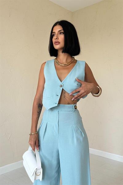 Mint Önü Düğmeli Yelek Ve Pantolon Takım