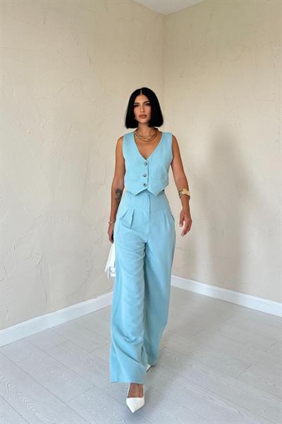 Mint Önü Düğmeli Yelek Ve Pantolon Takım