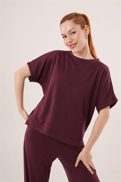 Modal Kısa Kollu Üst Ve Geniş Paça Eşofman İkili Bordo Takım