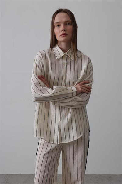 Model Gömlek Yandan Şerit Detaylı Pantolon - Ekru-Siyah