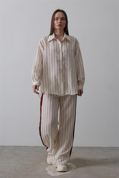 Model Gömlek Yandan Şerit Detaylı Pantolon - Ekru-Bordo