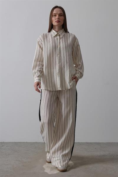 Model Gömlek Yandan Şerit Detaylı Pantolon - Ekru-Siyah