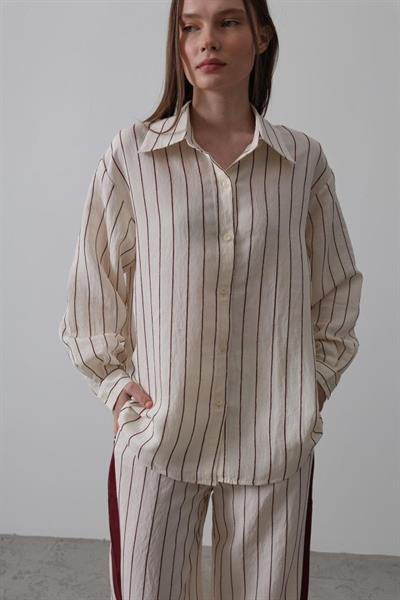 Model Gömlek Yandan Şerit Detaylı Pantolon - Ekru-Bordo