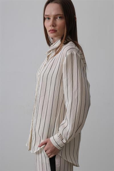 Model Gömlek Yandan Şerit Detaylı Pantolon - Ekru-Siyah