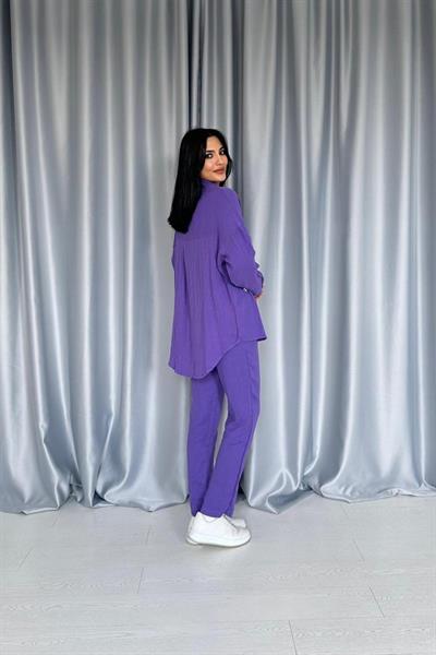 Mor 3 Taş Motifli Gömlek Ve Pantolon Takım