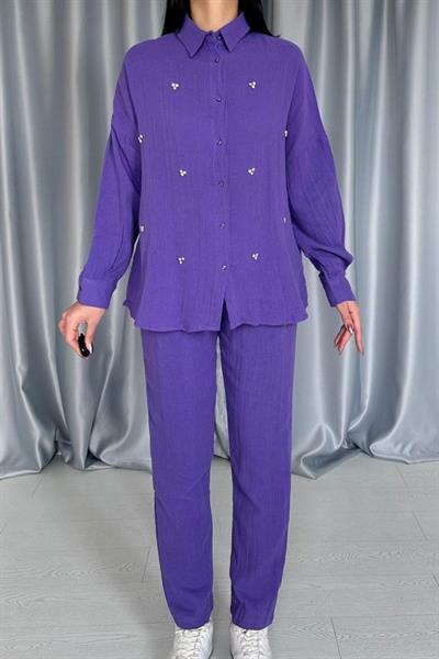Mor 3 Taş Motifli Gömlek Ve Pantolon Takım