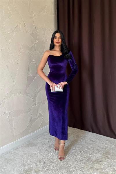 Mor Tek Omuzlu Taş Askılı Elbise