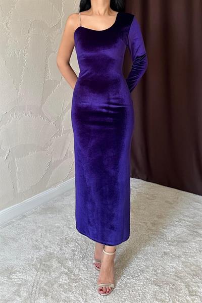 Mor Tek Omuzlu Taş Askılı Elbise