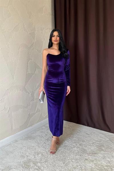 Mor Tek Omuzlu Taş Askılı Elbise