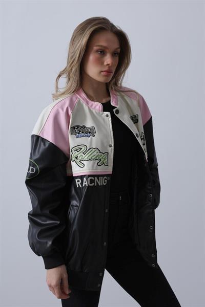 Motorcu Biker Ceket - Siyah-Pembe-Ekru