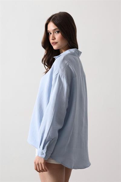 Müslin Uzun Kol Gömlek - Bebe Mavisi