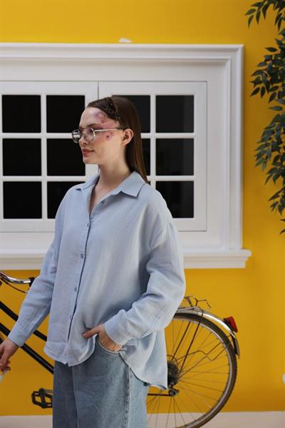 Müslin Uzun Kol Gömlek - Bebe Mavisi