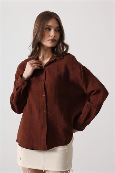 Müslin Uzun Kol Gömlek - Kahve