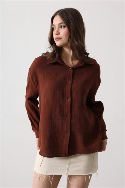 Müslin Uzun Kol Gömlek - Kahve