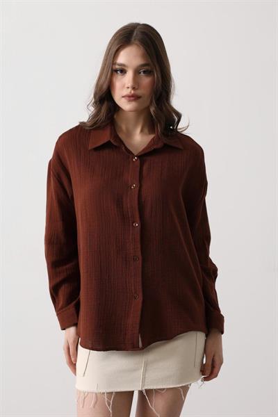 Müslin Uzun Kol Gömlek - Kahve