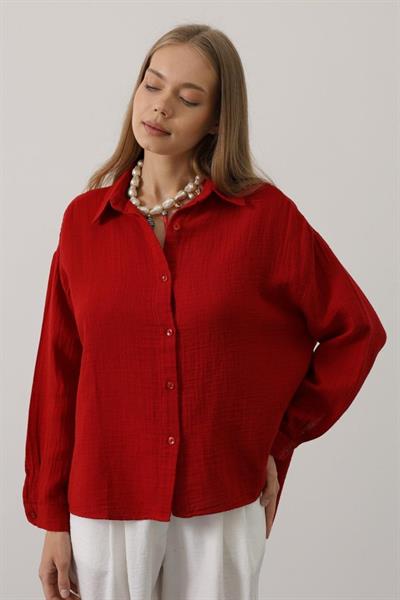 Müslin Uzun Kol Gömlek - Kırmızı